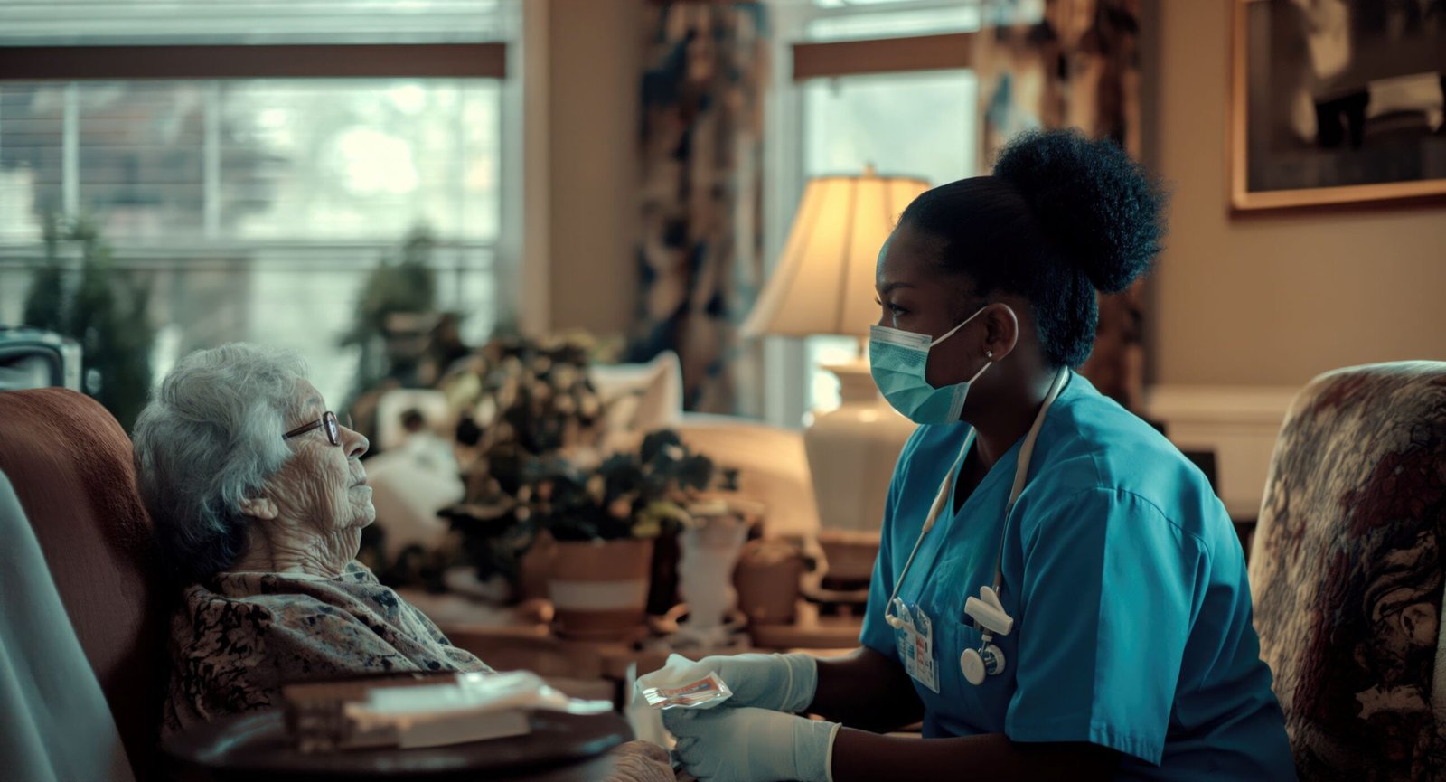 realistic scene with health worker taking care elderly patient