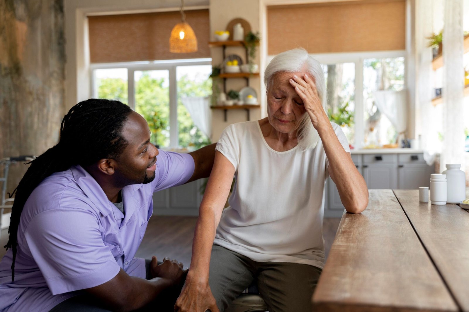 social worker helping senior woman